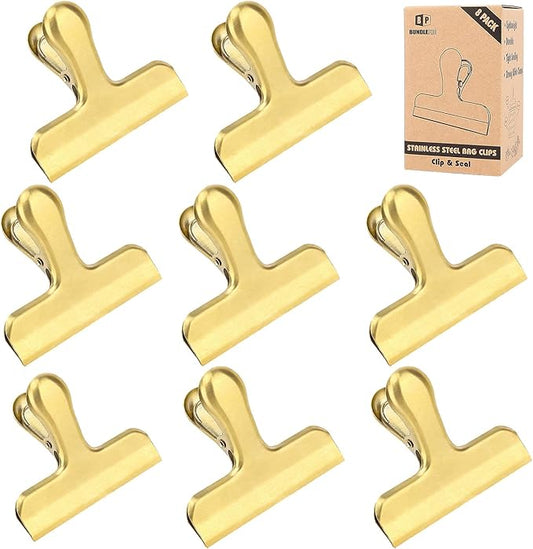 Pack of 8 Heavy Duty Metal Bag Clips, Stainless Steel, Tightly Seals Chip, Coffee, Bread or Cereal Bags to Keep Food Fresh, for Home, Kitchen, Office, Pantry, Camping (Gold)