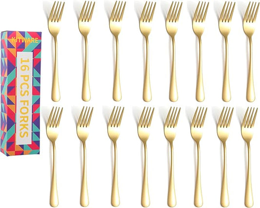 Gold Dinner Forks, 16 Piece Stainless Steel Silverware Forks, Mirror Polished Tableware Fork Set, Home Kitchen Metal Fork, Restaurant Quality Cutlery Meal Fork for Daily Use