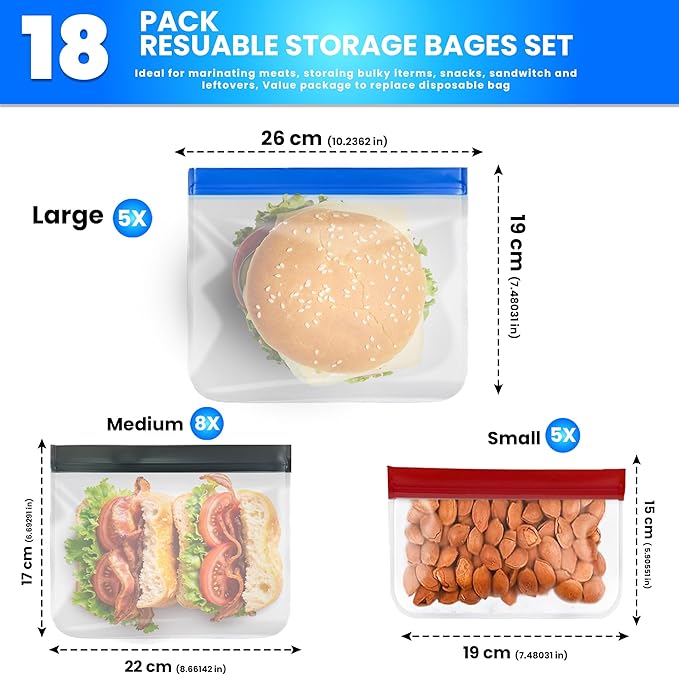 18-Pack (5 Small, 8 Medium, 5 Large) Extra Thick Reusable Silicone Storage Bags – BPA-Free, Leakproof & Durable Freezer Bags for Meal Prep, Marinating, Travel & Home Organization – Dishwasher Safe