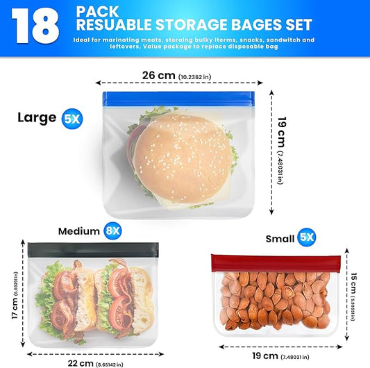 18-Pack (5 Small, 8 Medium, 5 Large) Extra Thick Reusable Silicone Storage Bags – BPA-Free, Leakproof & Durable Freezer Bags for Meal Prep, Marinating, Travel & Home Organization – Dishwasher Safe