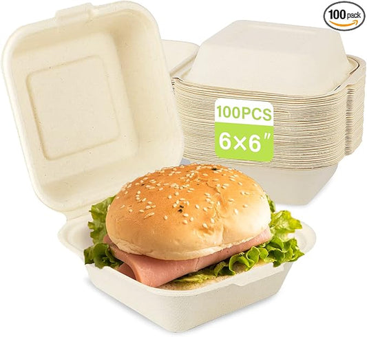 greensight Compostable Take Out Food Container 6X6, 100 Pack Disposable Clamshell Food Containers, To Go Boxes Heavy Duty, Biodegradable Made From Sugarcane Fibers