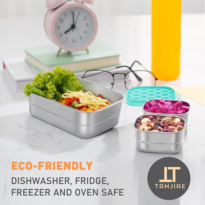 Stainless Steel Lunch Containers for Kids | Leak Proof Food Grade Snack Containers with Silicone Lids - Perfect Metal Food Containers with Lids for Kids School and Toddler Daycare (25oz+8oz*2)
