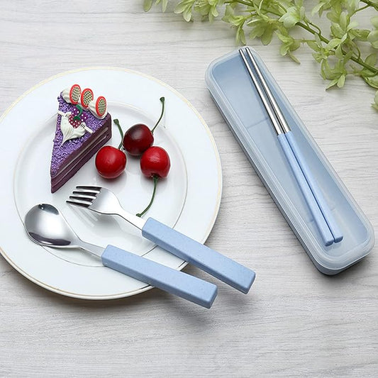 VANRA 3-Piece Children Utensils Set 18/8 Stainless Steel Child Flatware Set Silverware Spoon Fork Chopstick Set with Travel Case for Kids Lunch Box