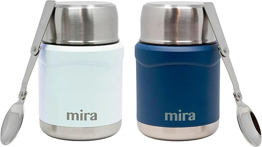 MIRA 2-Pack Food Thermos Set (15 oz) for hot and cold foods - Insulated Stainless Steel Containers with Spoons - Pearl Blue & Hawaiian Blue