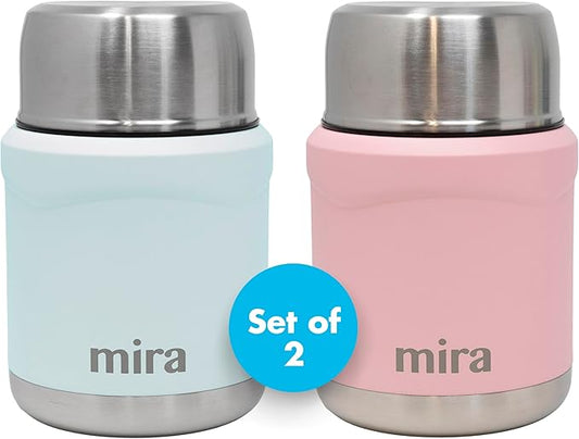 MIRA 2-Pack Food Thermos Set (15 oz) for hot and cold foods - Insulated Stainless Steel Containers with Spoons - Pearl Blue & Rose Pink