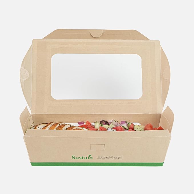 Restaurantware-Sustain 40 Ounce Sturdy Paper Take Out Boxes, 50 Disposable Take Out Food Containers - With PLA lining, Clear PLA Window, Bamboo Paper Containers, Compostable, Tab-Lock Design