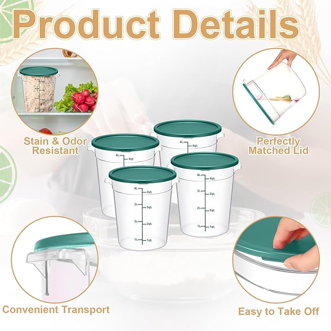 Suclain 4 Pcs 4 Qt Food Storage Container Bucket with Lids Clear Proofing Containers for Dough Rise Bread with Scale Handle Round Flour Commercial Storage Bucket for Home Restaurant Food(Green)