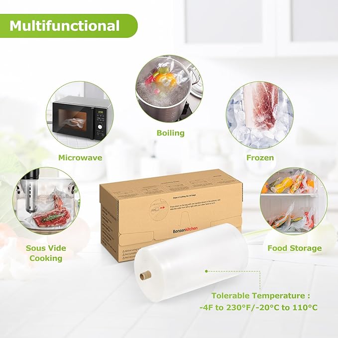 [2025 New] Bonsenkitchen 8” x 150’ Vacuum Sealer Bags Rolls with Cutter for Food Storage, Commercial Grade, BPA Free, Great for Meal Prep and Sous Vide Cooking