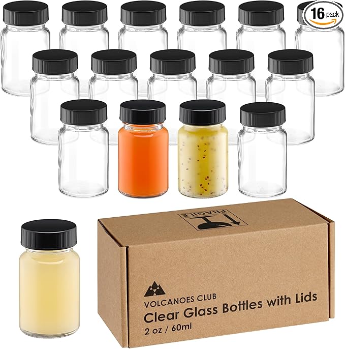 2oz Glass Jars with Lids - Glass Shot Bottles Set for Liquids, Juicing, Ginger Shot, Sample - Small Containers with Screw Caps - Clear Mini Round Bottles - Leakproof/Wide Mouth/16 pack