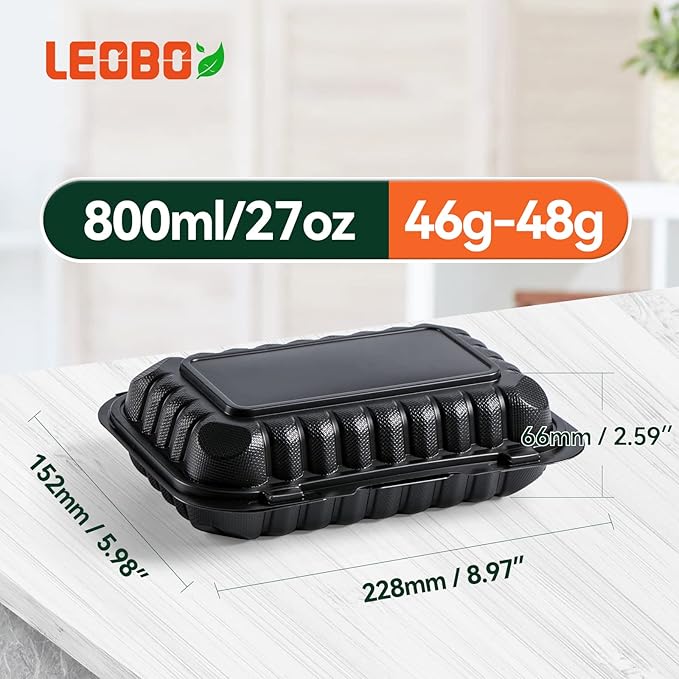 To Go Containers, BPA-Free Plastic Take Out Boxes with Lids 50-Pack 27oz Black MFPP Reusable Meal Prep Container for Food Storage, Hinged Clamshell Design for To-Go Lunch Salad Breakfast