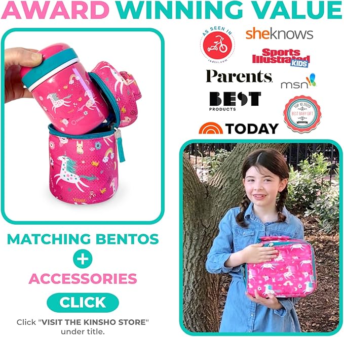 Bento Lunch Box with Insulated Bag, Water Bottle Ice Pack Set for Kids Toddlers, 5 Portion Sections, BPA Free Removable Tray, Pre-School Kid Toddler Daycare Lunches, Snack Container, Pink Unicorn