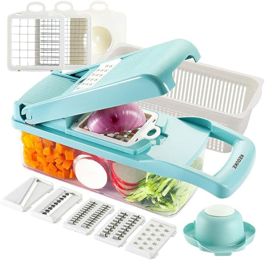 KEOUKE Vegetable Chopper 12in1 Veggie Chopper Slicer Cutter Food Dicer with Container Hand Guard Draining Basket, Blue