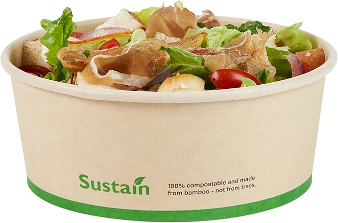 Restaurantware-Sustain 25 Ounce Sturdy Paper Take Out Boxes, 50 Round Take Out Food Containers - With PLA lining, Compostable, Bamboo Paper Containers, Disposable, Greaseproof