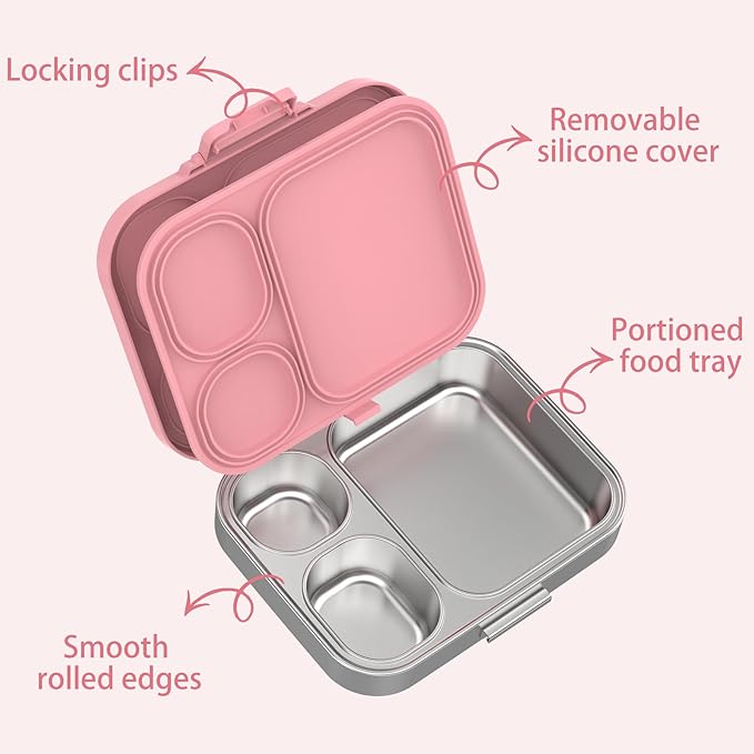 Stainless Steel Lunch Box, Leak-Proof with free sealing Bento Box 3 Compartments, Metal Lunchbox for Travel & Work, Eco-Friendly Meal Storage Solution Pink