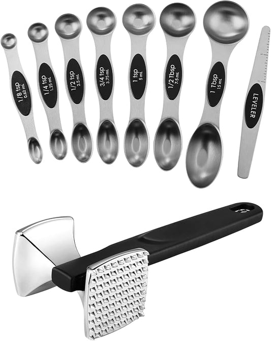 Spring Chef Stainless Steel Magnetic Measuring Spoons, Set of 8 & Heavy Duty Meat Tenderizer, Black - 2 Product Bundle - Black