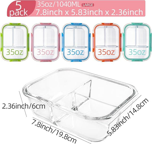 Glass Food Storage Containers 3 Compartment with Lids (5 Pack, 34oz), Divided Glass Meal Prep Containers for Lunch at Work, Leak-Proof Portion Control Food Containers, Microwave/Dishwasher Safe