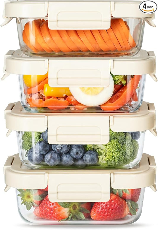 YSSOA Food Meal Prep Containers with Exclusive Glass Lids, Glass Storage Containers with Lids, BPA-Free, Glass Lunch Boxes for Lunch, Pantry Organizers and Storage, Freezer to Oven Safe, 4 Pack