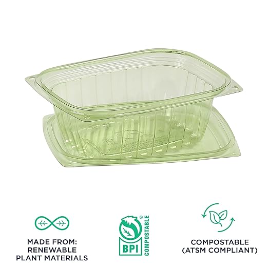 ECO PRODUCTS Compostable 12oz Rectangular Deli Containers With Lids, Pack of 100, Veridian Clear Green Meal Prep, Made from PLA, A Renewable Material Made from Plants, One Lid Fits All