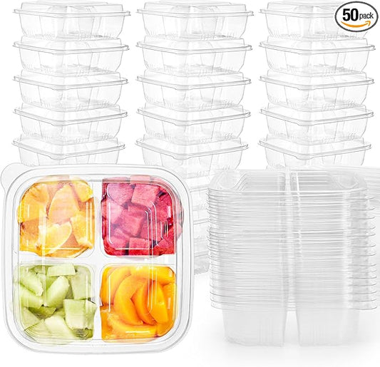 Peohud 50 Pack Clear Bento Snack Containers, 4 Compartment Food Storage Containers, Reusable Meal Prep Containers, Plastic Divided Bento Boxes with Lids for Lunch, Work, Travel