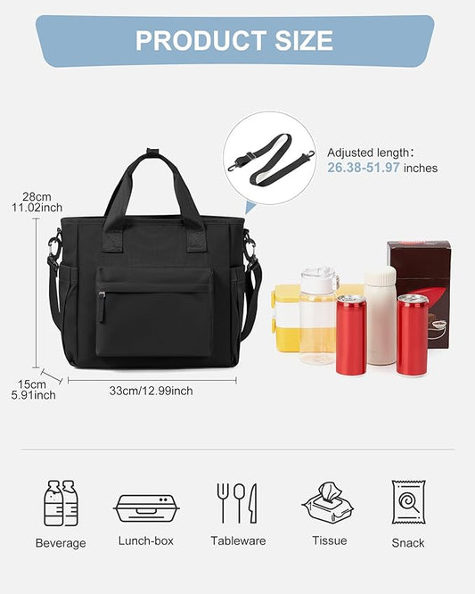 Black Lunch Box Bag for Women Men loncheras para mujer Lunch Tote Bag with Water Bottle Holder Shoulder Strap Adult Insulated Lunch Bags Boxes for Work