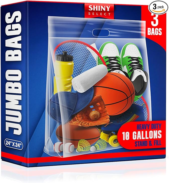 10 Gallon Jumbo Storage Bag w/Handle & Resealable Zipper Top 24x24, 3 Bags – Clear Big Plastic, Extra Large XL, 4 Mil Thick Heavy Duty for Linens, Baby Items, Documents, Sports Equipment