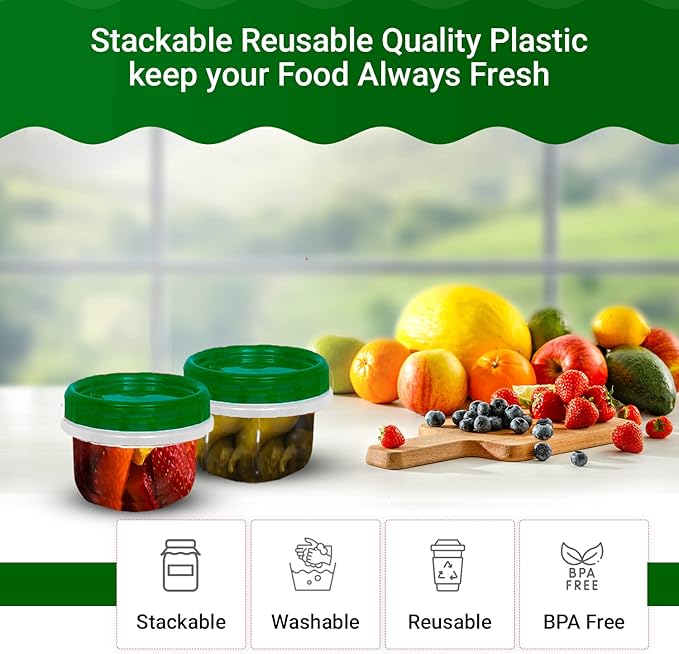 [Green - 12 Pk] Airtight Deli Containers with Lids Twist Lock Top Clear Food Storage for Meal Prep Snacks and Leftovers Freezer and Microwave Safe Stackable Leak-Resistant 12 Pc Set (4 Ounce)