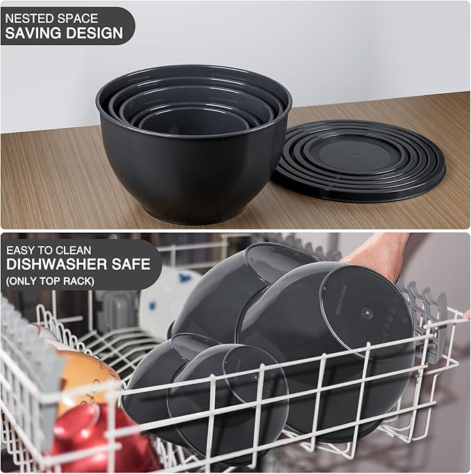 5-Piece Plastic Mixing Bowls with Lids Set for Kitchen, Nesting Bowls for Mixing, Baking, Prepping, Cooking and Serving Food, Grey Mixing Bowls Dishwasher, Microwave Safe