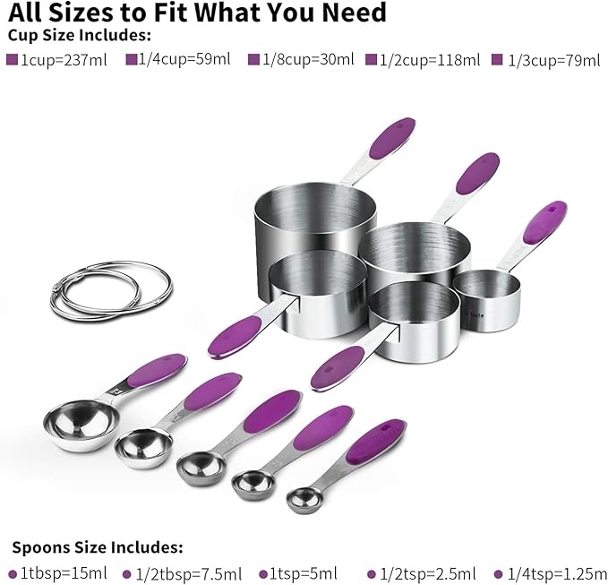 U-Taste 600°F Heat Resistant Silicone Kitchen Tongs, 18/8 Stainless Steel Measuring Cup and Spoon Set of 10, Stainless Steel Offset Icing Spatula Set (Purple)