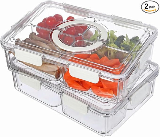 2PCS Divided Serving Tray with Lid & Handle, 4 Compartment Removable Snack Box, Kitchen Organizers and Storage, Snackle Box Container, BPA-Free Fruit Storage Container for Berry, Snack, Candy, Nuts…
