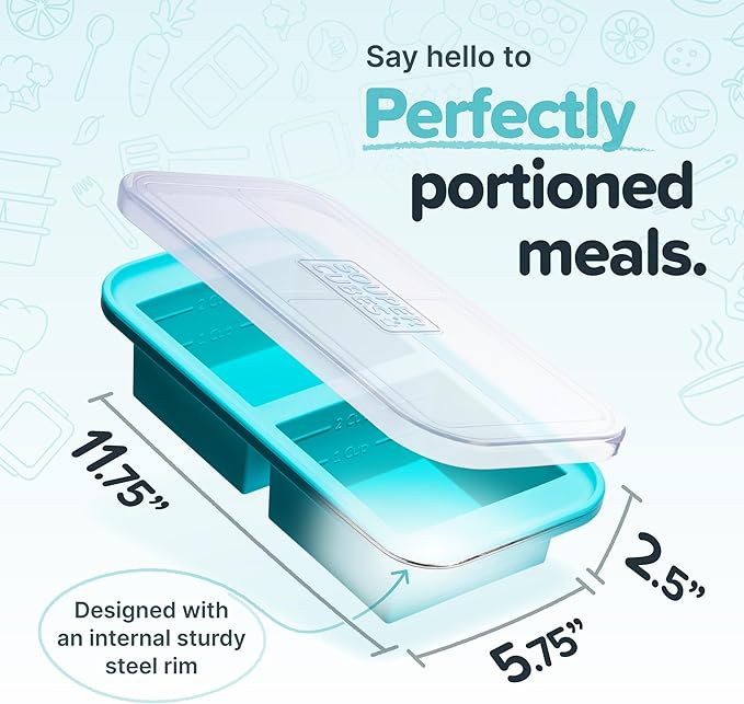 Souper Cubes 2 Cup Silicone Freezer Tray with Lid, Perfect for Storing Lasagna, Leftovers, Sauces, Portioned Meals and More, Silicone Freezer Mold for Meal Prepping - Aqua - 1-Pack