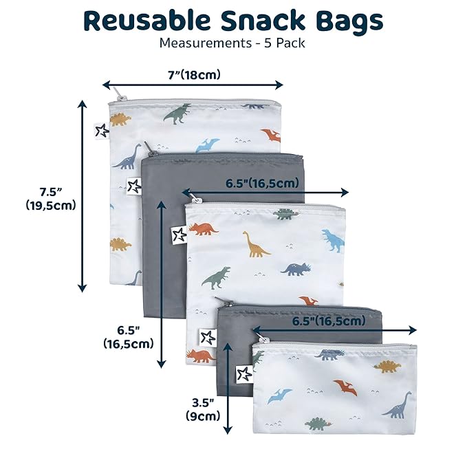 Tiny Twinkle 5 Pack Reusable Snack Bags - Machine Washable, PFAS, PVC, BPA, Phthalate-Free Reusable Baby and Toddler Food Safe Snack Bags (Dinosaur)