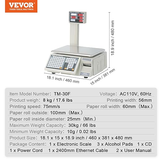 VEVOR Electronic Price Computing Scale, 66 LB Digital Deli Weight Scales, LCD & LED Digital Commercial Food Fruit Meat Produce Counting Weight, for Retail Store, Kitchen, Restaurant Market, and Farmer