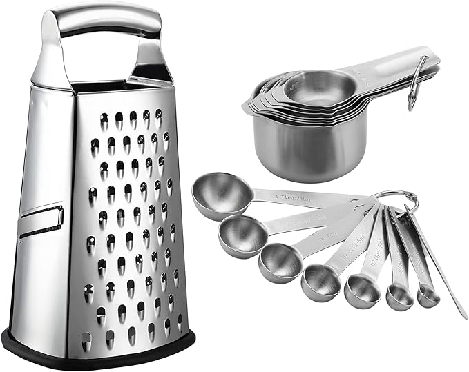 Spring Chef Professional Box Grater, Large & Stainless Steel Measuring Cups and Spoons, Round, Set of 15-2 Product Bundle