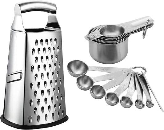 Spring Chef Professional Box Grater, Large & Stainless Steel Measuring Cups and Spoons, Round, Set of 15-2 Product Bundle