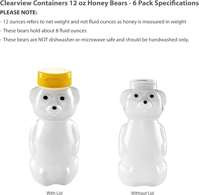 6 Pack of 12 Ounce Translucent Honey Bears with Sealable Yellow Flip Top Lids (12 oz. Translucent Bear, 6pk, Yellow)