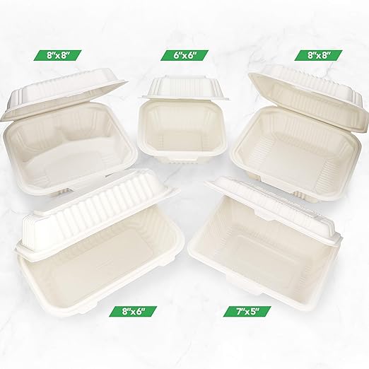 [100 Count] Eco Friendly To Go Containers (8" x 8", 1-Compartment) - Non Soggy, Leak Proof, Disposable To Go Boxes Made From Cornstarch - Microwave Safe and Ideal for Take Out Food Containers, Leftovers, Lunches