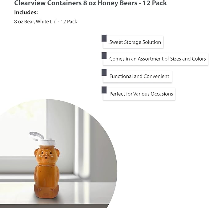 12 Pack of 8 Ounce Honey Bears with Sealable White Flip Top Lids (8 oz. Bear, 12pk, White)