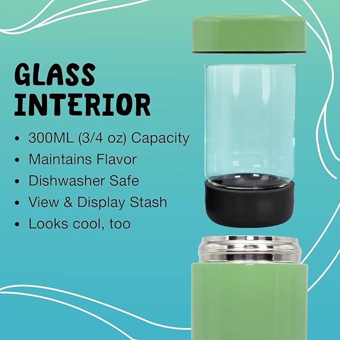 Airtight Storage Container - Vacuum Sealed Insulated w Nested Glass Jar - UV Protection, Temperature Controlled Stainless - Stays Fresh - Whiteboard Finish w Marker Included - 300 ml (3/4 Oz)