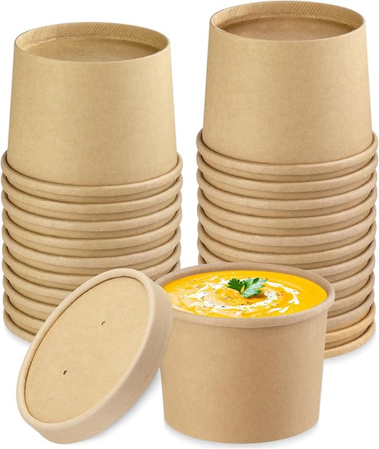 12 oz 25 Pack Paper Soup Containers with lids, Disposable Kraft Food Cups, Soup Cups Paper Ice Cream Cup, Dessert Cup, Yogurt Ice Cream Containers. Great For Restaurants, Take Outs, or To-Go Lunch