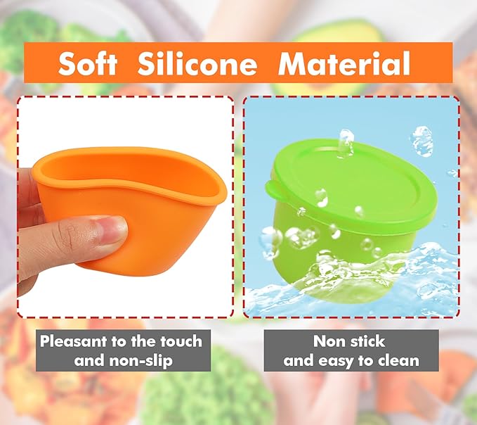 KOLUTI Nonstick Silicone 2.4oz Salad Dressing Container To Go, 6 Pack Small Sauce Storage Box for Lunch Bento, Leak-proof Condiment Portion Cup with Lid, BPA Free, Dishwasher & Microwave & Oven Safe