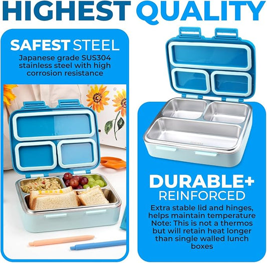 kinsho Stainless Steel Bento Box Lunch Container for Kids Adults with Removable Tray, Leakproof Silicone Seals, BPA Free 26 oz/790 mL (Blue)