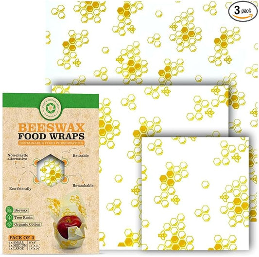 PURE & SUSTAINABLE COMPANY Beeswax Food Wraps – 3-Pack Reusable Organic Cotton Food Covers – Plastic-Free, Washable & Eco-Friendly – Natural Beeswax Wraps (S, M, L) – Honeycomb Pattern