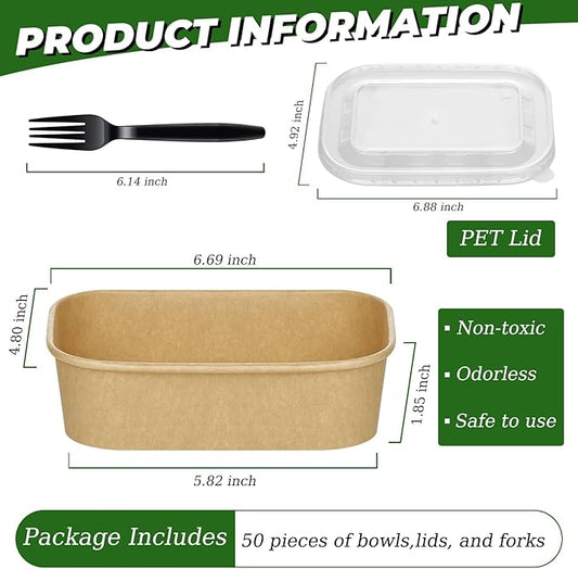 50-Pack 19oz Disposable Kraft Paper Bowls with Lids and Forks, Disposable Meal Prep Rectangle Food Containers Crawfish Boil Party Supplies, Leakproof and Microwave Safe for Hot Soup Cold Food Takeout