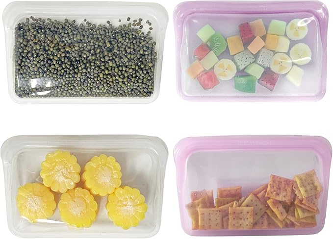 KVK Platinum Reusable Silicone Bags - 4 Pack Flat Silicone Snack Bags - Double Lock Leakproof Silicone Food Storage Bags Oven Freezer Dishwasher Safe - Clear&Lavender