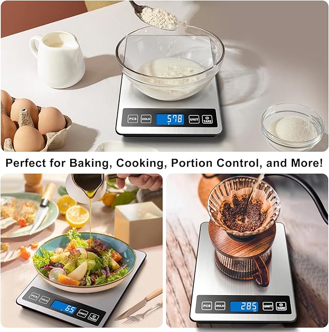 Fuzion Food Scale, 1g/0.1oz Digital Kitchen Scale - 22lb, 7 Units, Tare & PCS, Rechargeable Power, Tempered Glass & Stainless Steel - Food Weight Scale Grams and oz for Cooking, Baking