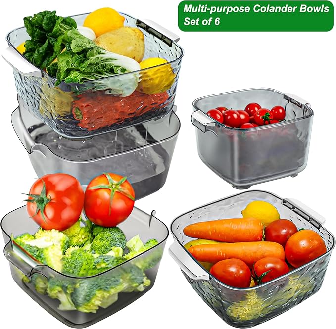 Taiuloo 6-Piece Colander Strainer Bowl Set, BPA-Free Plastic Fruit & Vegetable Washing Basket, Kitchen Colanders & Mixing Bowls for Pasta Berry Salad, 2/3.5/7QT