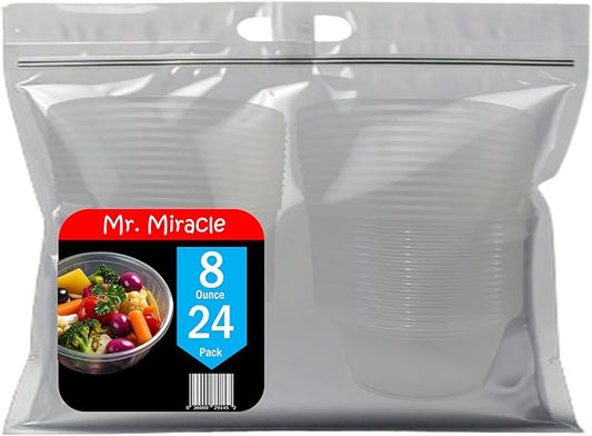 Mr Miracle 8OZ Deli Containers with Lids - 24 Pack of 8 oz Clear Airtight Reusable Plastic Food and Multi-Purpose Deli Containers - Microwave, Freezer, and Dishwasher Safe