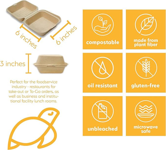 100% Compostable Disposable Food Containers with Lids [6”X6” 500 Pack] Eco-Friendly Take-Out TO-GO Containers, Heavy-Duty, Biodegradable, Unbleached by Earth's Natural Alternative