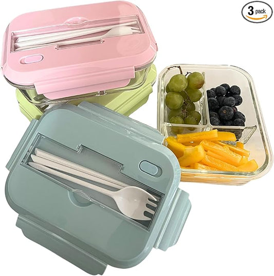 THY COLLECTIBLES Set of 3 36 OZ Glass Lunch Storage Containers with Lids and Utensils, Microwave Safe, Leak Proof, Freezer to Oven Safe for Meal Prep, Leftovers, Cooking, Bento Box (3 Compartments)
