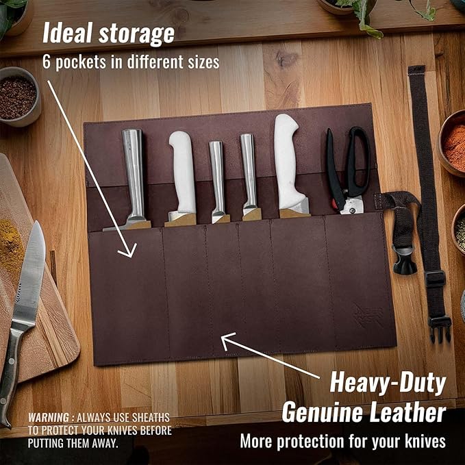 Under NY Sky Genuine Leather Knife Roll Case - 6 Slots - Real Leather Pouch - Portable Bag for Cooking Tools, Utensils, Cutlery Knives, Brushes - Chefs, Kitchen, Travel, Gift - Brown